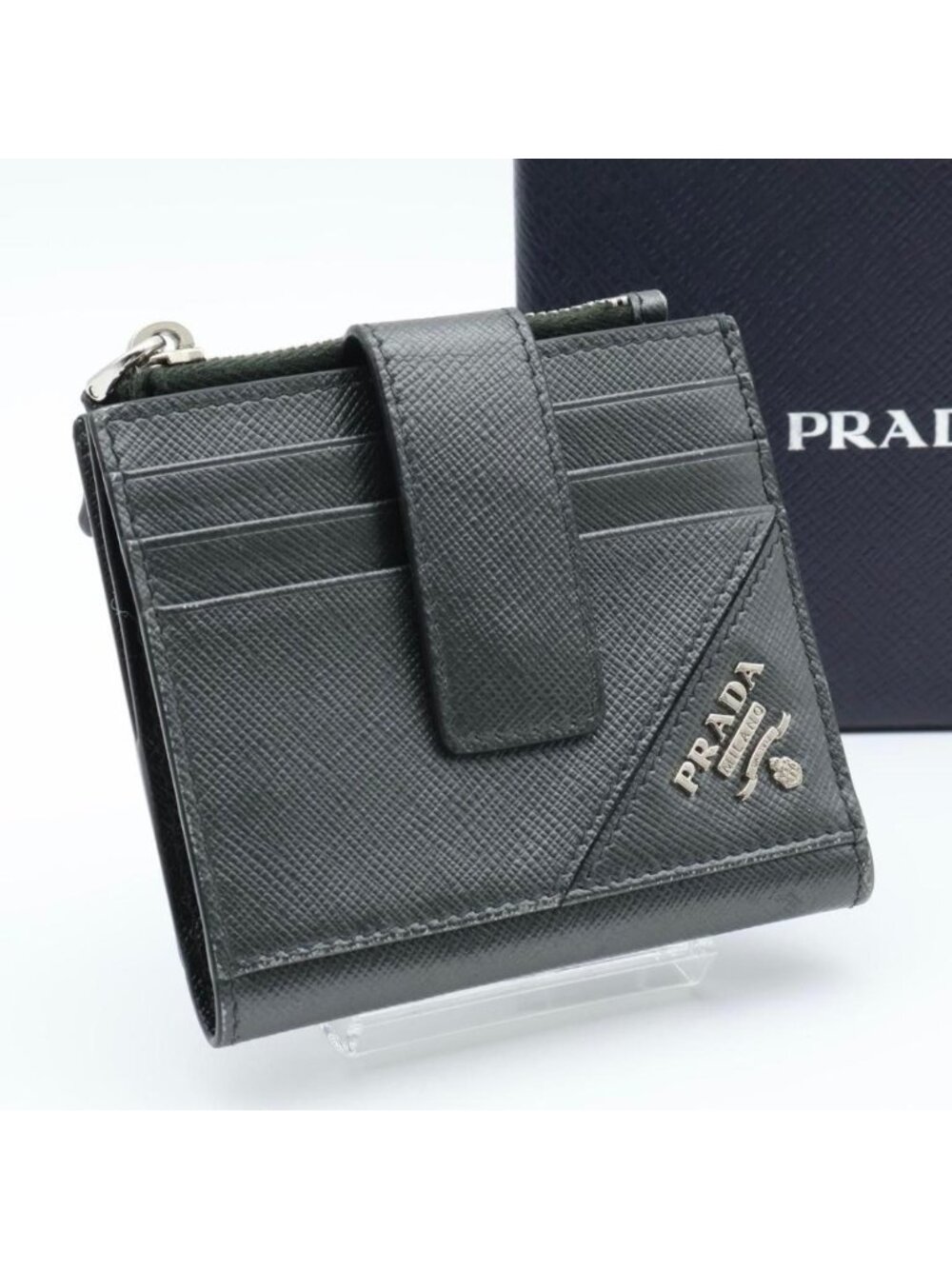Prada Metal Logo Bifold Wallet Metallic Gray Black